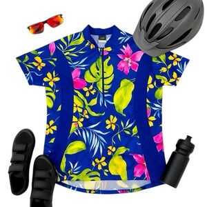 Mt. Borah Tropical Cycling Jersey Floral Print Blue Yellow Pink Size XL in GUC